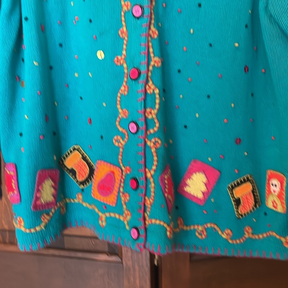 Susan Bristol Plus Size 2X Turquoise Blue Holiday Long Sleeve Cardigan Sweater - Picture 5 of 10